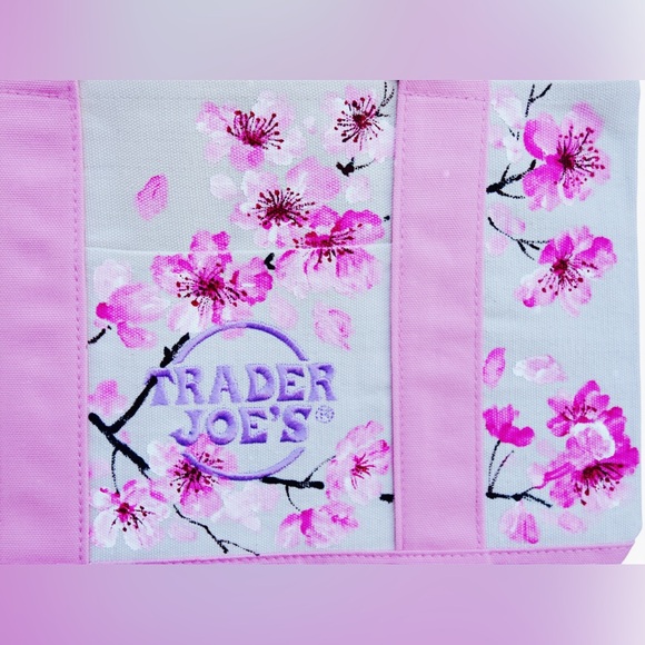 Hand Painted Trader Joe’s Mini Tote Pink Cherry Blossom - Picture 4 of 4